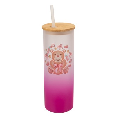 Elanze Designs 25 Ounce Frosted Glass Gradient Travel Tumbler With Straw and Wooden Lid, Girl Teddy Bear Pink