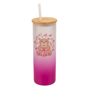 Elanze Designs 25 Ounce Frosted Glass Gradient Travel Tumbler With Straw and Wooden Lid, Girl Teddy Bear Pink - 1 of 1