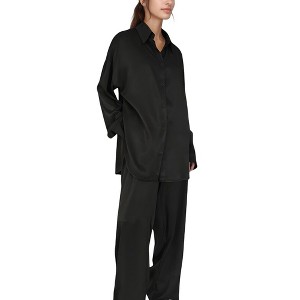 Anna-Kaci Lounge Women's Relaxed Fit Satin Button-Down Shirt and Wide Leg Pants Two-Piece Lounge Pajama Set - 1 of 4