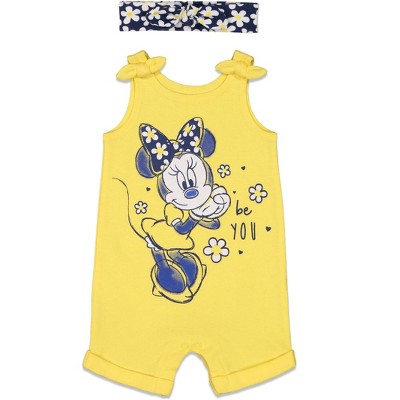 Image of Disney Minnie Mouse Newborn Baby Girls Romper and Headband Floral Yellow 0-3 Months