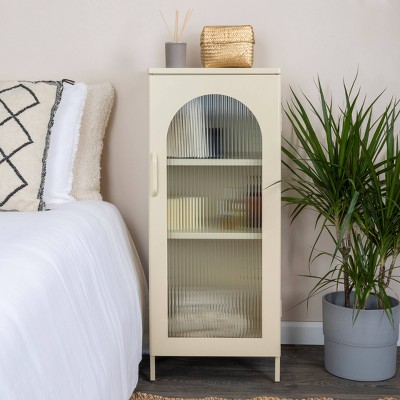 Cream Metal Accent Cabinet with Arched Glass Door and Adjustable Shelves