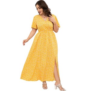 Clearlove Women's Plus Size Floral Wrap Dress Casual Boho Printed V Neck Short Sleeve Ruffle Flowy Dresses - 1 of 4