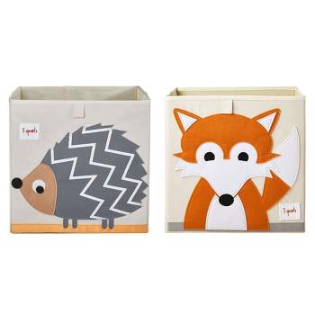 3 Sprouts Kids Childrens Collapsible Fabric 13 x 13 x 13 Inch Storage Cube Bin Box for Cubby Shelves, Orange Fox & Hedgehog (2 Pack)