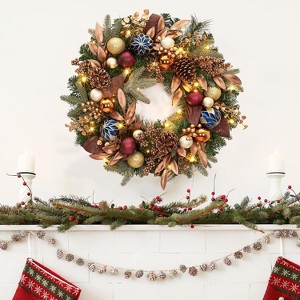 24 Inch Pre-Lit Christmas Wreaths for Front Door, Holiday Xmas Wreath with Battery Operated Lights, Pine Cones, Berries, Ball Ornaments, Leaves - 1 of 4