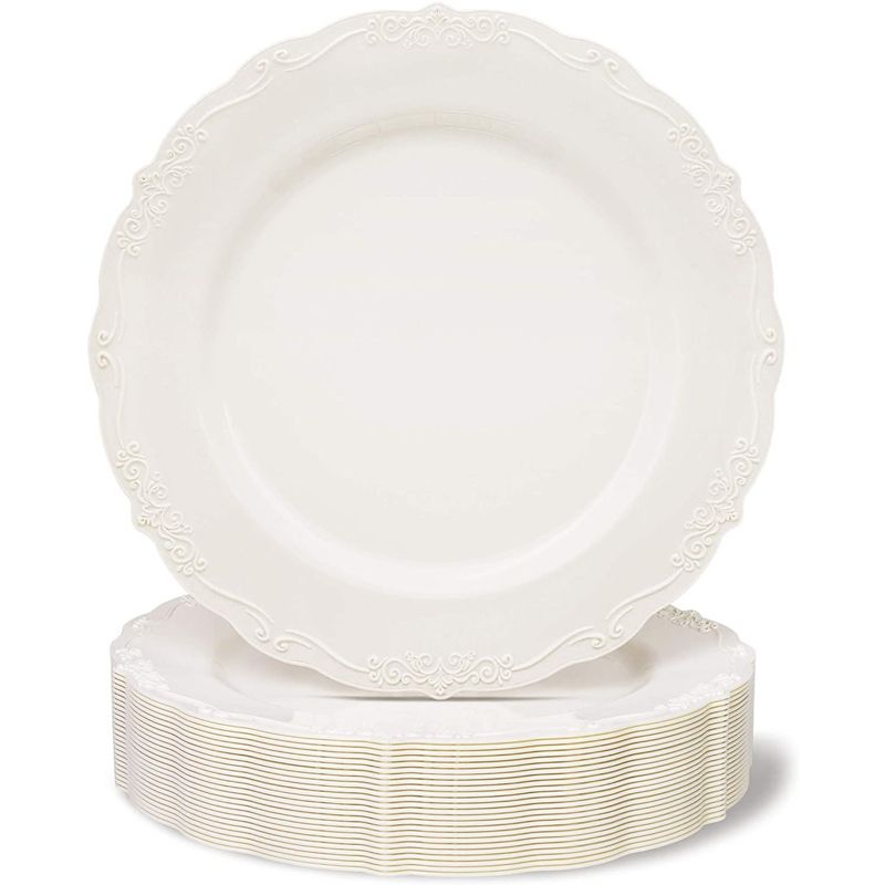 Juvale 25 Pack Disposable Plastic Dinner Plates Party Supplies, Cream with Fine Detailing (10 Inches), 1 of 8