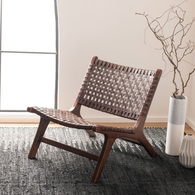 Luna Transitional Brown Leather and Wood Handcrafted Accent Chair