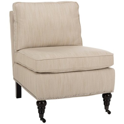 Beige Linen Slipper Chair with Spindle Wood Legs