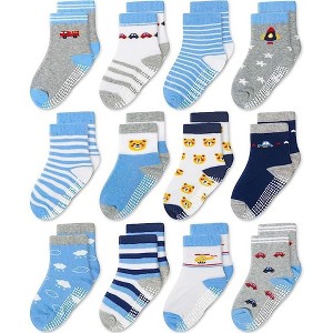 Cozyway Non-Slip Crew Grip Toddler Socks, 12 Pack for Boys, Bears and Cars, 1-3 Years Old - 1 of 4
