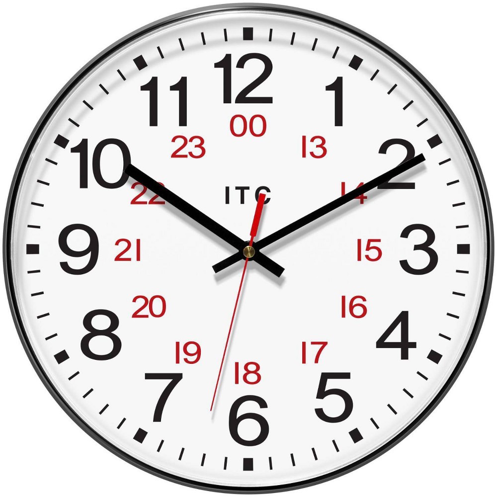 12" Prosaic 24 Hour Wall Clock Black - Infinity Instruments: Modern Analog Indoor Timepiece, Plastic Round Shape