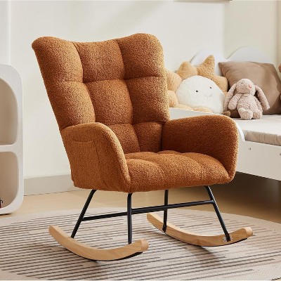 Nursery Rocking Chair, Living Room Glider Rocker for Breastfeeding, Plush Teddy Upholstered Armchairs Indoor with High Backrest