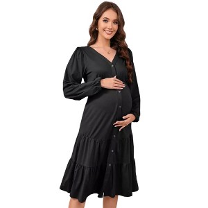 Women's Maternity Dress V Neck Long Sleeve Button Front Tiered Hem Casual Midi Dress - 1 of 4