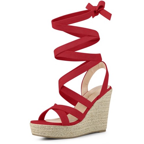 Allegra K Women's Espadrilles Tie Up Ankle Strap Wedges Sandals Red 8.5