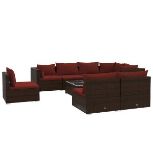 vidaXL 9 Piece Outdoor Patio Lounge Set in Poly Rattan - Brown with Cushions in Cinnamon Red - Durable, Lightweight & Modular Design - 1 of 4