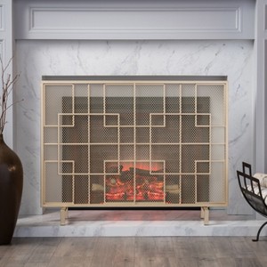 VYNXARIA Modern Single PanelIron Fire Screen,incorporates clean, straight lines and geometric pattern,Gold Finish - 1 of 4