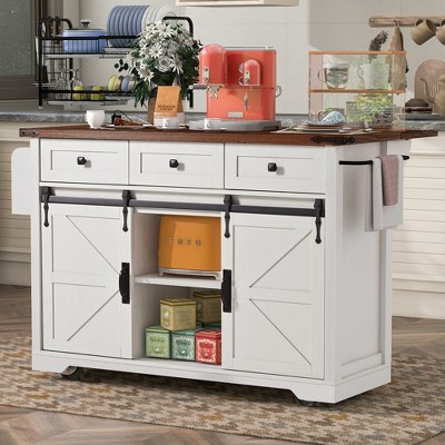VYNXARIA 53.7" Farmhouse Kitchen Island, 2 Sliding Barn Door Kitchen Storage Island with Drop Leaf, Spice Rack Rolling Kitchen Cart on Wheels,White