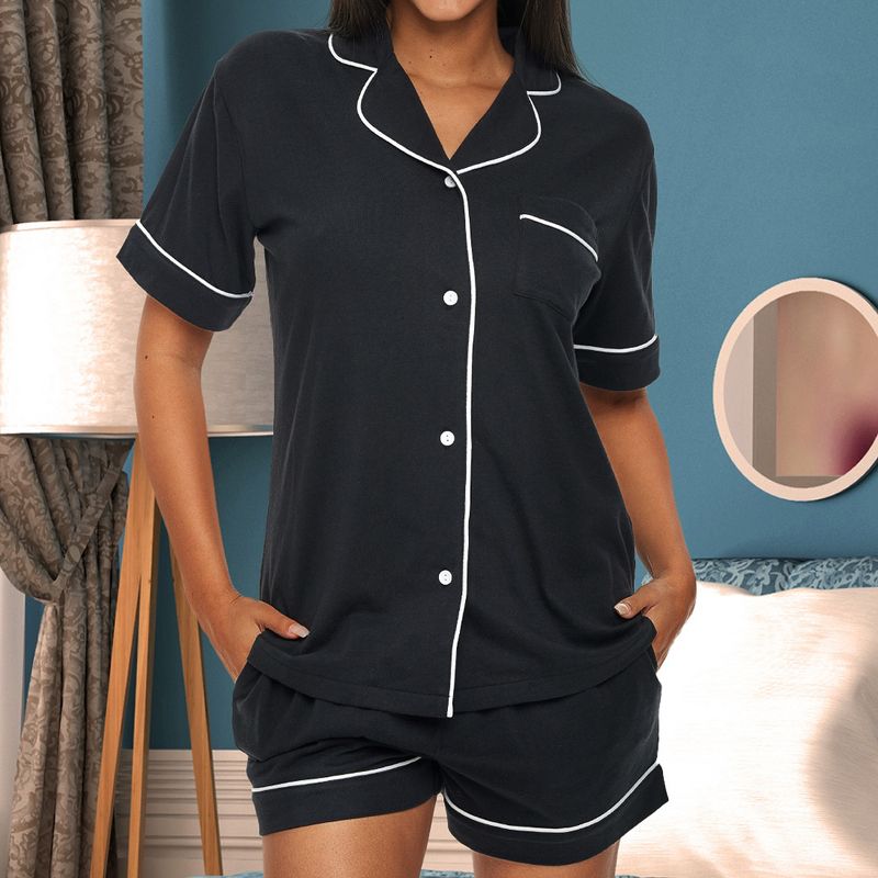 Women's Soft Cotton Knit Jersey Pajamas Lounge Set, Short Sleeve Top and Shorts with Pockets, 6 of 9