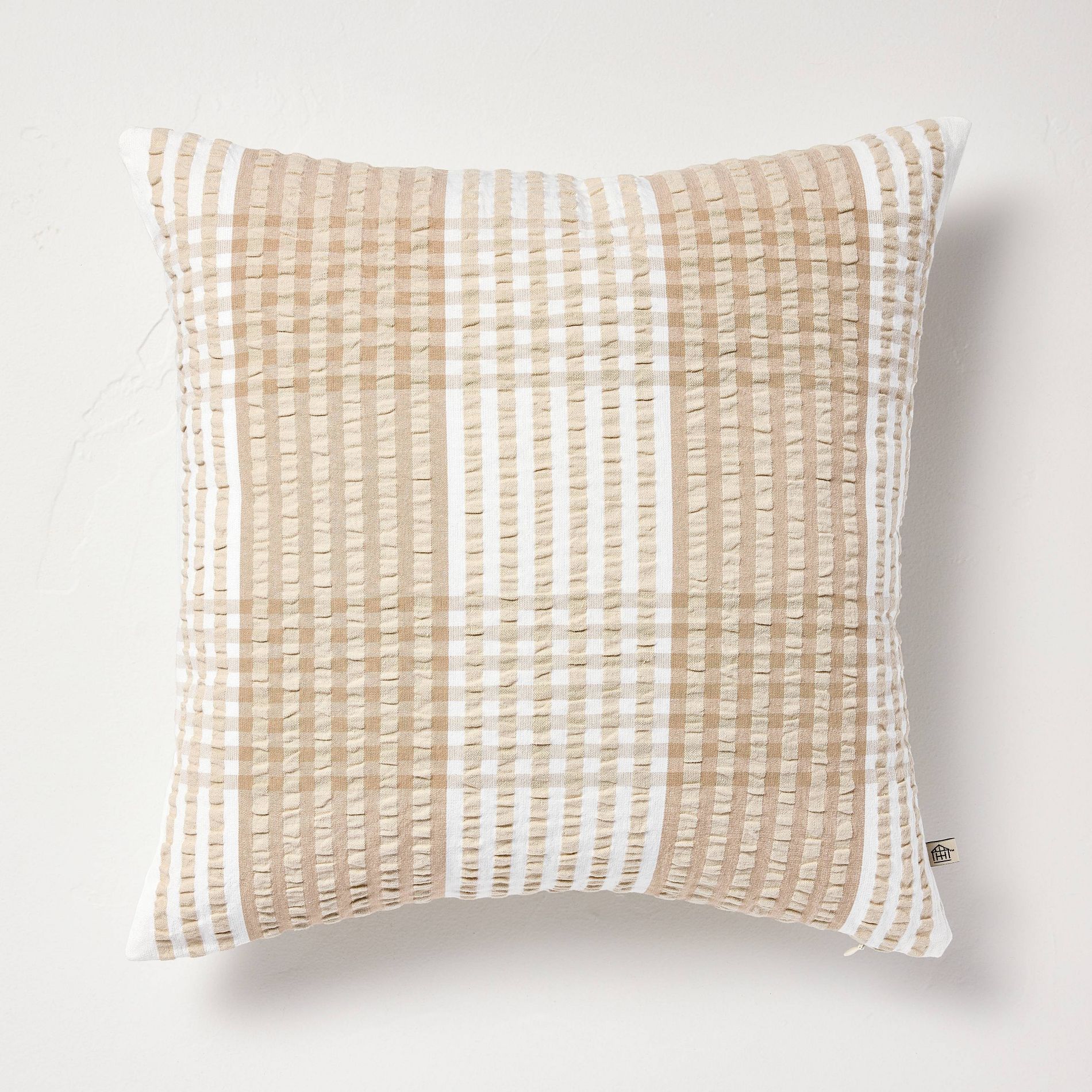 18"x18" Indoor Throw Pillow Tan Gingham Seersucker - Hearth & Hand™ with Magnolia