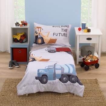 Everything Kids Trucks Gray, Red, Blue, and Yellow Building The Future 4 Piece Toddler Bed Set