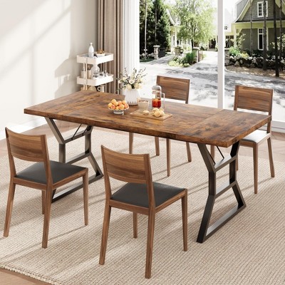 70.9″ Farmhouse Dining Table for 6 with Heavy-Duty Metal Trapezoid Legs – Rectangular Rustic Wood Kitchen & Outdoor Party Table