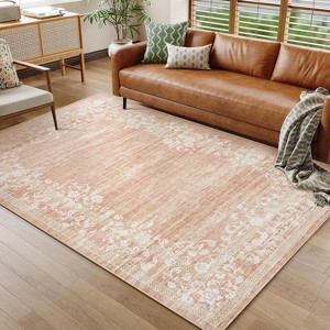 Washable Modern Floral Bordered Rug, Low-Pile Non-Slip Indoor Carpet, Stain-Resistant Floor Cover for Living Room, Bedroom, Dining, Office - 1 of 4