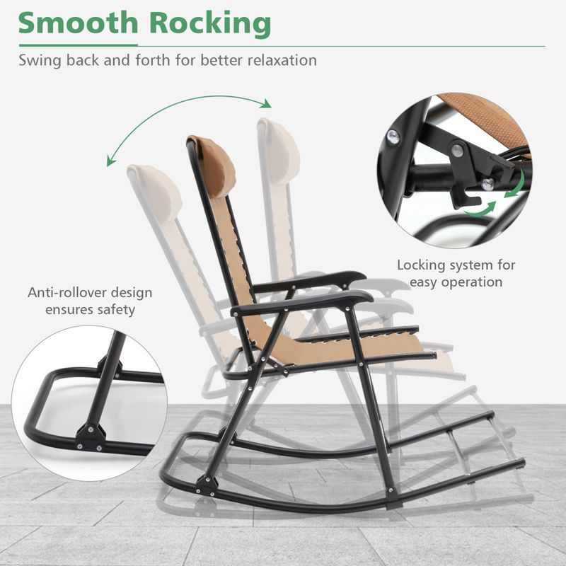 Costway Folding Zero Gravity Rocking Chair Rocker Porch Outdoor Patio Headrest Beige, 5 of 11