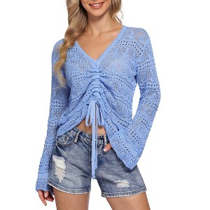 Womens Boho Sheer Crop Tops Drawstring Knitted,Off Shoulder Sheer Crop Tops - 1 of 4