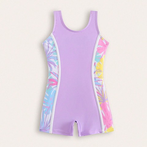 YesFashion Girls' Shorts Swimsuit One Piece Swim Shorts for Vacation,5y,Purple