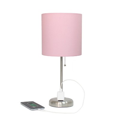 Brushed Steel and Light Pink Contemporary Table Lamp Duo with Power Outlet