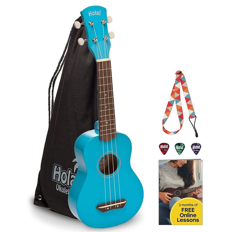 Hola! Music Color Series Soprano Ukelele Set for Beginners with Canvas Tote Bag, Strap with Hook, & Various Size Picks, Blue, 1 of 7