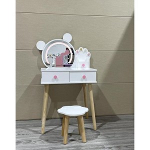 Bear-shaped mirror with bear paw-shaped handles Children's vanity set with 2 drawers Floral-patterned stool Touch-activated three-color mirror White - 1 of 1