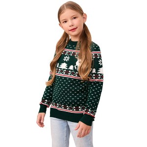 BLUEMING Festive Family Kids Reindeer Snowflake Knit Christmas Sweater Soft Crew Neck Long Sleeve Pullover Playful Holiday Top - 1 of 4