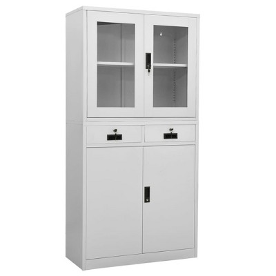 vidaXL Office Cabinet Light Grey Steel and Tempered Glass Large