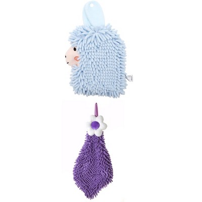 REGALWOVEN Soft Absorbent Flower Pattern and Sheep Pattern Chenille Hand Towel with Loop 6" x 15"/7" x 11" 2 Pcs