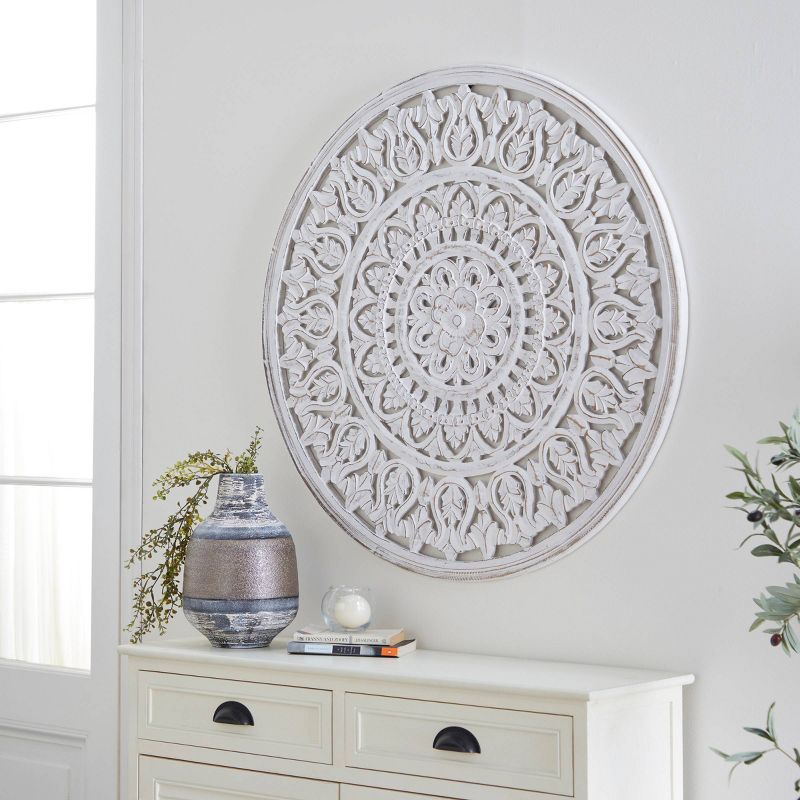 Wood Floral Handmade Intricately Carved Wall Decor with Mandala Design White - Olivia &#38; May, 6 of 20