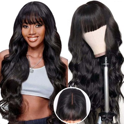 Jessie's Wig Body Wave Human Hair Glueless Wig With Bangs 5x5 Pre Cut Lace Black 24 Inch 1 Pcs/Pack