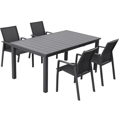 5 Piece Outdoor Patio Dining Set for 4, Metal Expandable Patio Table & 4 Stackable Textilene Chairs for Balcony Deck Backyard, Grey