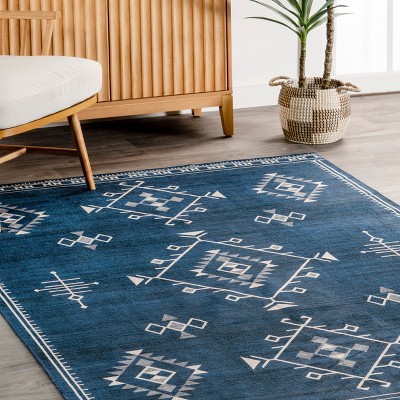 Navy 4' x 6' Rectangular Washable Synthetic Area Rug