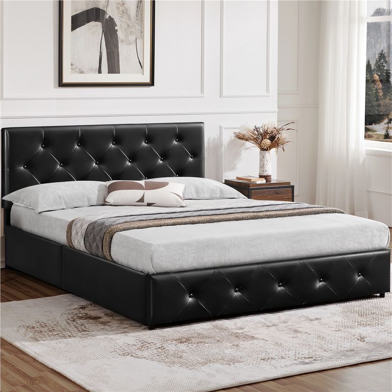 Yaheetech Upholstered Faux Leather Bed Frame with Adjustable Headboard, 2 of 9