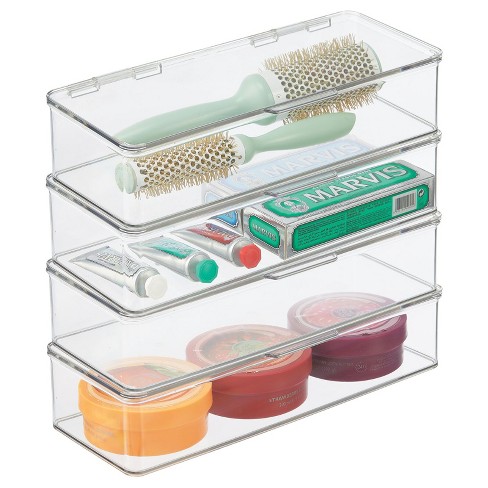 Mdesign Ligne Plastic Bathroom Storage Organizer Box With Hinged Lid, 4  Pack - 12 X 7 X 5, Clear : Target