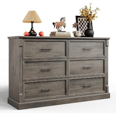 homfan 6 Drawer Dresser for Bedroom,Framhouse Large Chest of Drawers with Metal Handles,Rustic Double Wood Dresser,Storage Dressers Organizer