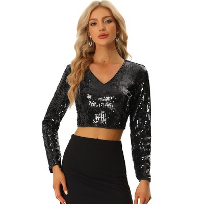 Allegra K Women's Long Sleeve V Neck Sparkly Shiny Party