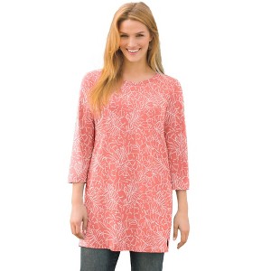 Woman Within Plus Size Perfect Printed Three-Quarter-Sleeve Scoopneck Tunic - 1 of 4