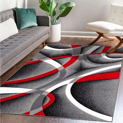 Gray and Red Abstract Geometric 4' x 5' Area Rug