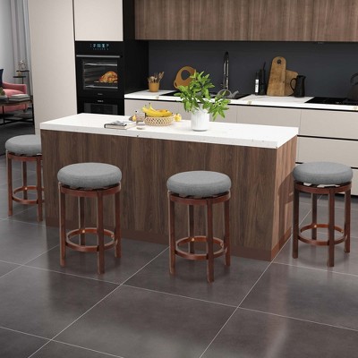 Gray Upholstered Swivel Backless Wooden Bar Stools, Set of 2