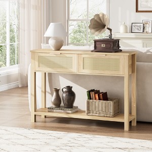 43 Inch Farmhouse Rattan Console Tables for Entryway, Narrow Wood Couch Table Behind Sofa, Boho Console Sofa Table, for Living Room - 1 of 4