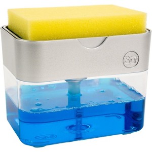 13oz Dish Soap Dispenser with Sponge Holder Set (Sponge Included) - Metallic Silver, All-in-One Kitchen Sink Caddy Organizer - 1 of 4