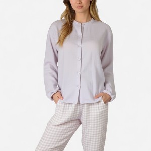 Anna-Kaci Lounge Women's Woven Pajama Set with Long Sleeve Button-Up Top Elastic Cuff Sleeves and Relaxed Gingham Print Lounge Pants - 1 of 4