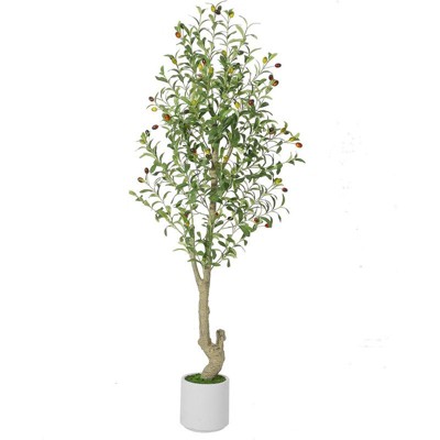 5FT（2PCS) Tall Faux Olive Tree，  with White Planter and Green Fake Moss for Home Office Living Room Bedroom Stairs Foyer Decor