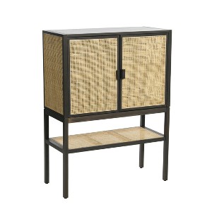 Storied Home Boho Woven Rattan and Wood Cabinet with 2 Doors, 1 Shelf, and 4 Interior Storage Compartments, Grey and Natural - 1 of 4