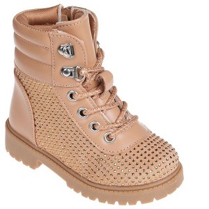 bebe Toddler Girl's Short Lace-up Ankle Combat Boots with Quilted Collar and Heatseal Rhinestones - 1 of 4